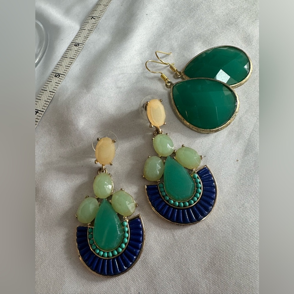 Two pair of green blue dangle earrings